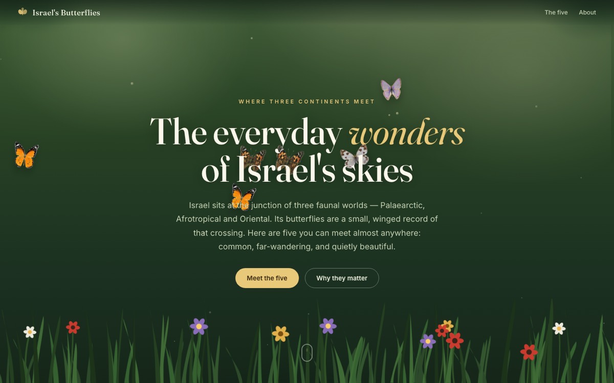 Israel's Butterflies website — deep green meadow scene with drifting butterflies