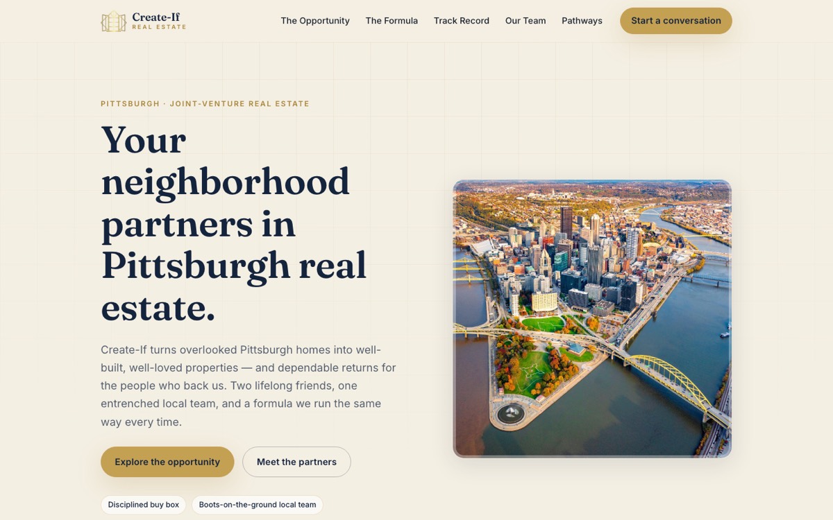 Create-If Real Estate website — warm cream homepage with Pittsburgh skyline photography