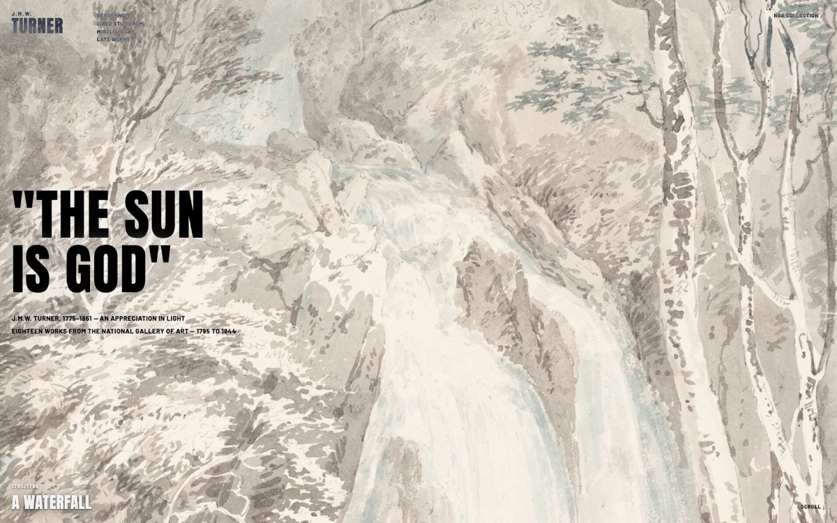 Ode to Turner website — Turner watercolor waterfall behind bold The Sun Is God typography